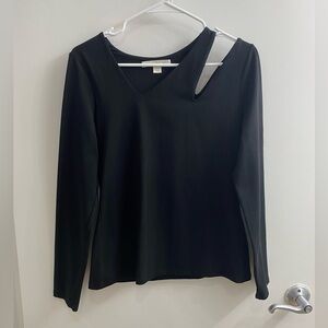 Boston Proper Black Long-Sleeve V-Neck Top with Cut Out Shoulder Size M